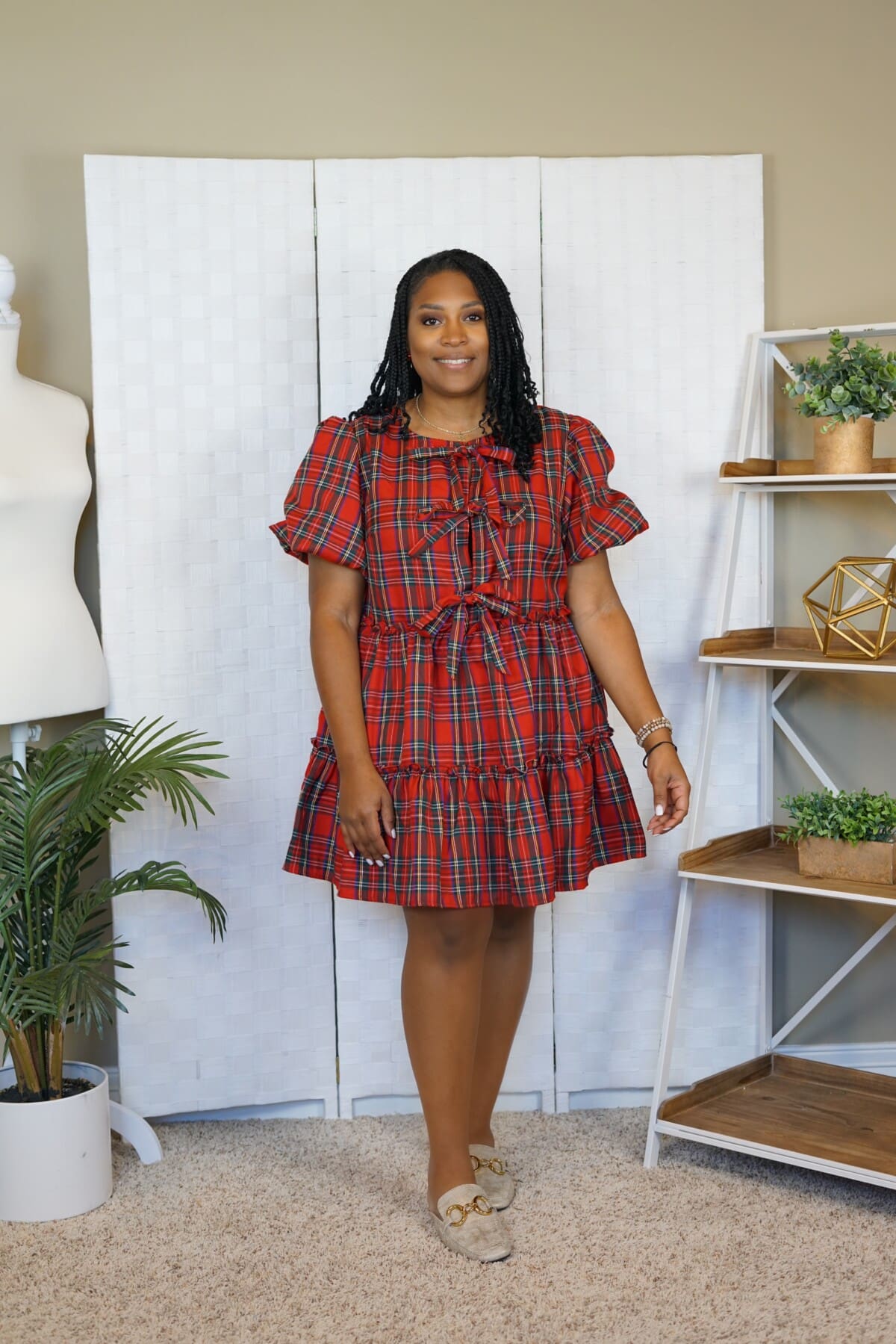 Christmas Plaid Bubble Sleeve Mini Dress